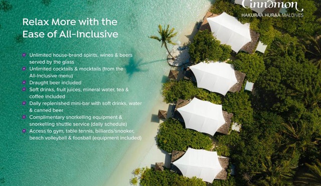 Cinnamon Hakuraa Huraa Maldives - All Inclusive - Adults Only - Complimentary Domestic Flight Return for 2 pax on 7 nights or more stays valid to 31 Oct 2027 in Meemu Atoll
